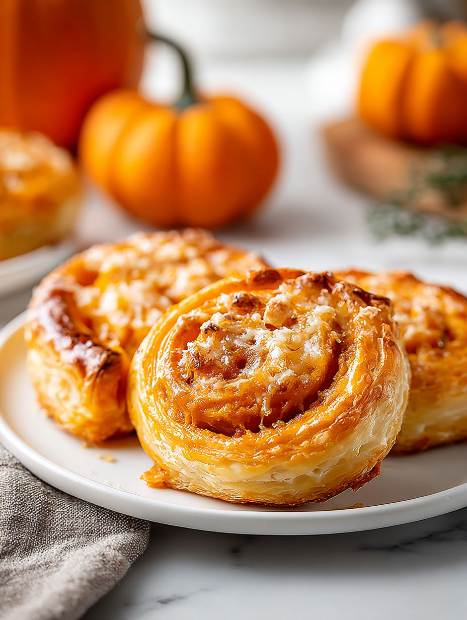 Two pumpkin puff pastry pinwheels on a white plate.