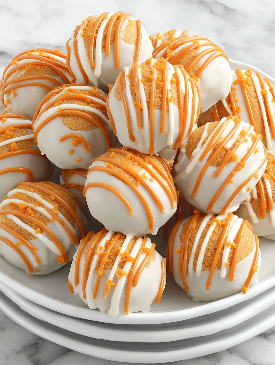 A plate of white and orange frosted cake balls.