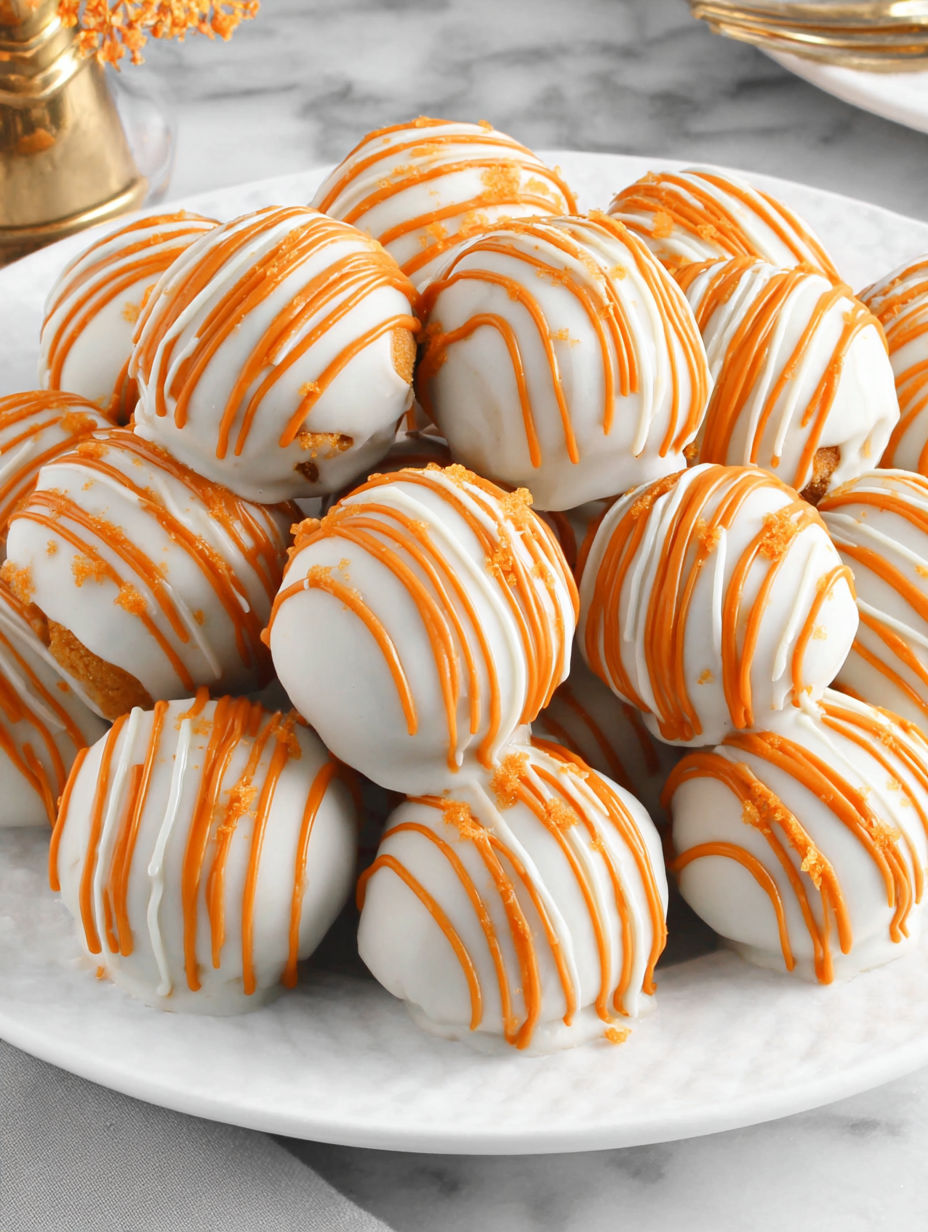 A plate of white and orange frosted pastries.