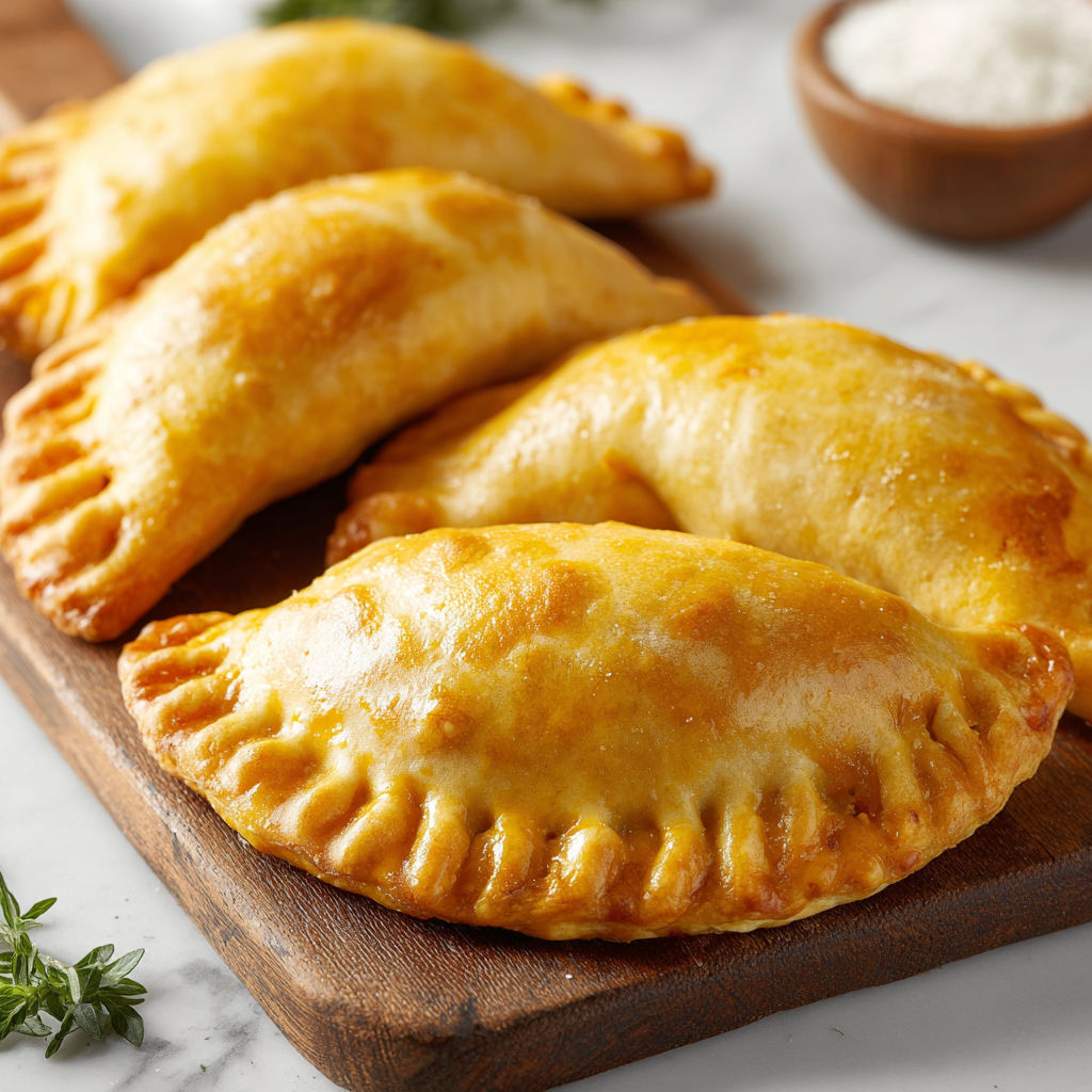 Three butternut squash empanadas on a wooden board.