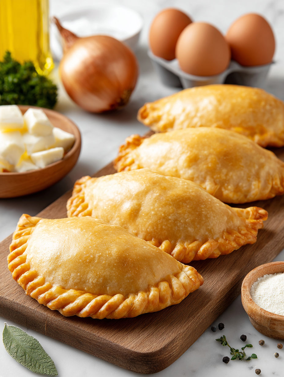Three butternut squash empanadas on a wooden board.