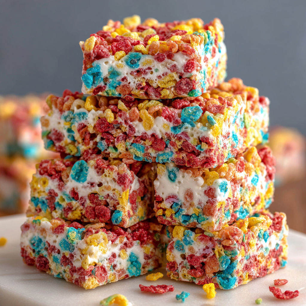 A stack of Fruity Pebbles Marshmallow Treats.