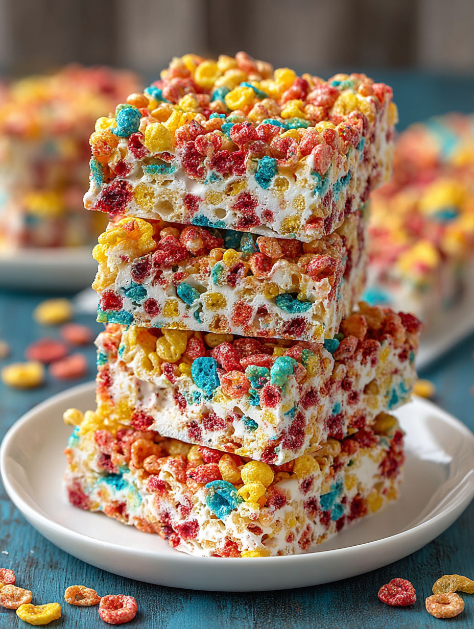 A stack of Fruity Pebbles Marshmallow Treats.
