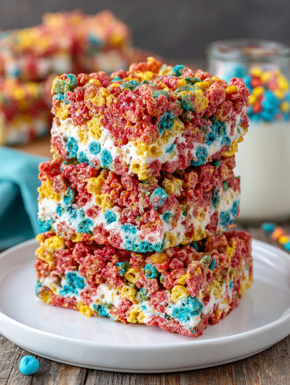 A stack of Fruity Pebbles Marshmallow Treats.