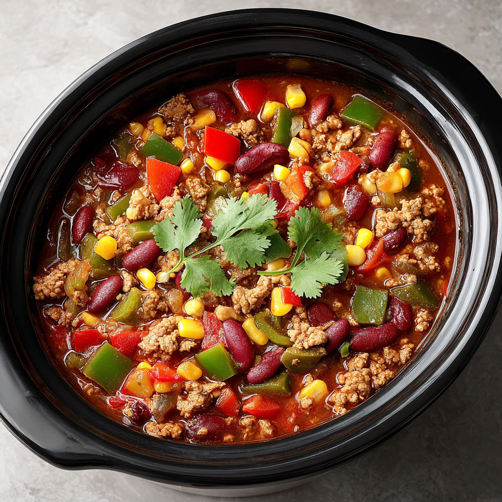 A crockpot full of chili.