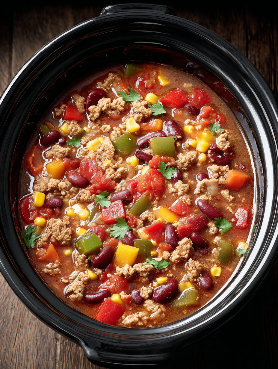 A bowl of chili with meat and vegetables.