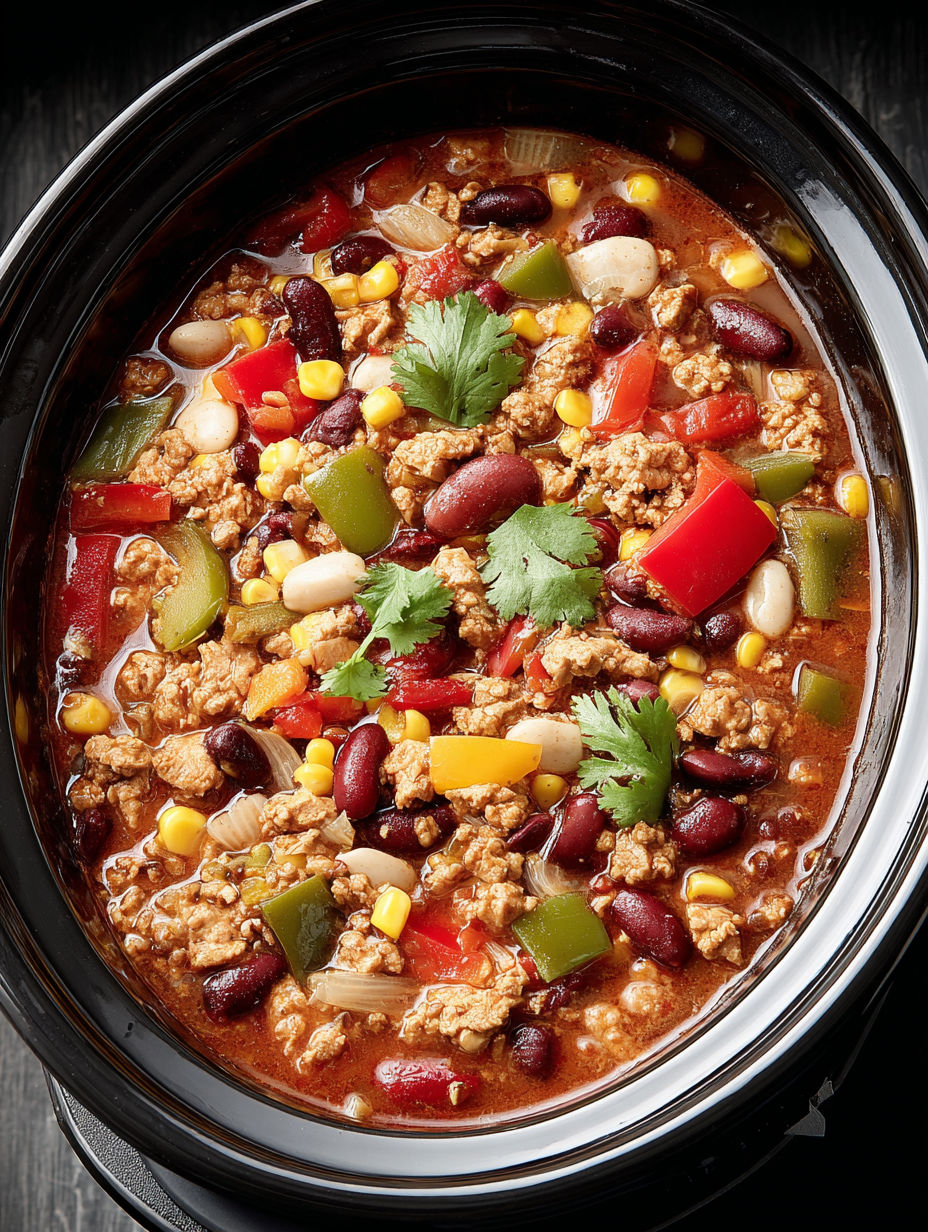 A crockpot filled with turkey and vegetable chili.