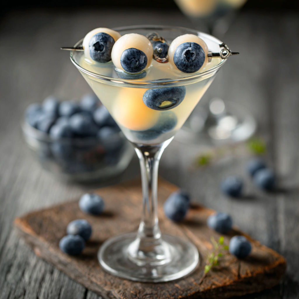 A martini glass with blueberries in it.