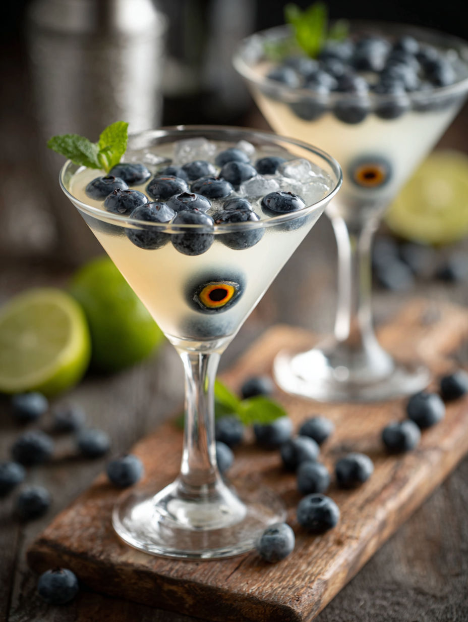 Two glasses of blueberry martinis with blueberries in them.