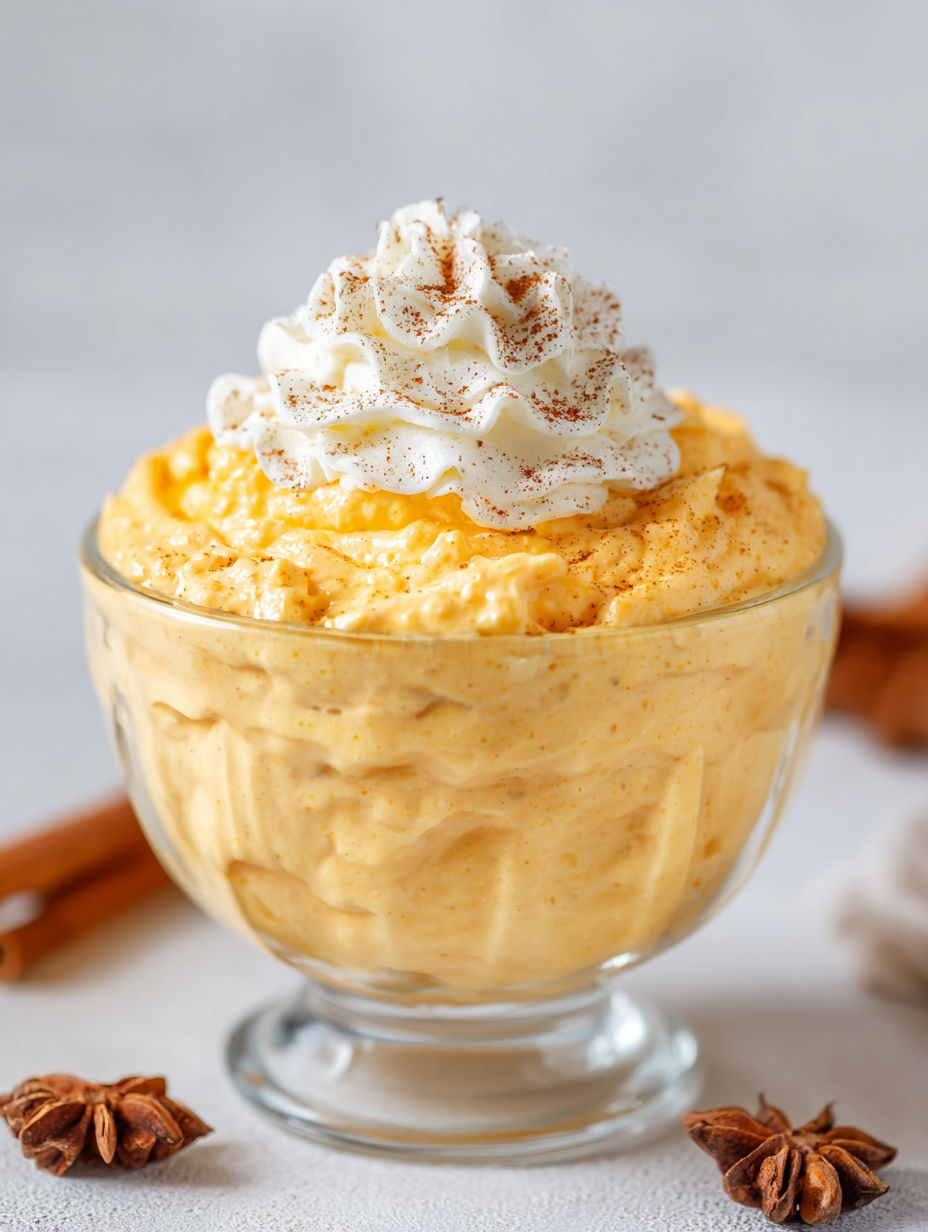 A glass bowl of pumpkin fluff dip.