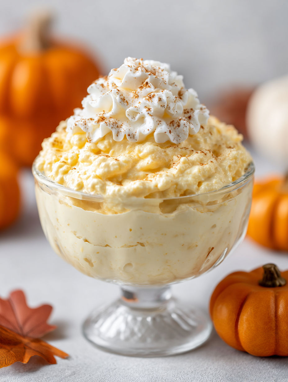 A glass bowl filled with a creamy pumpkin fluff dip.