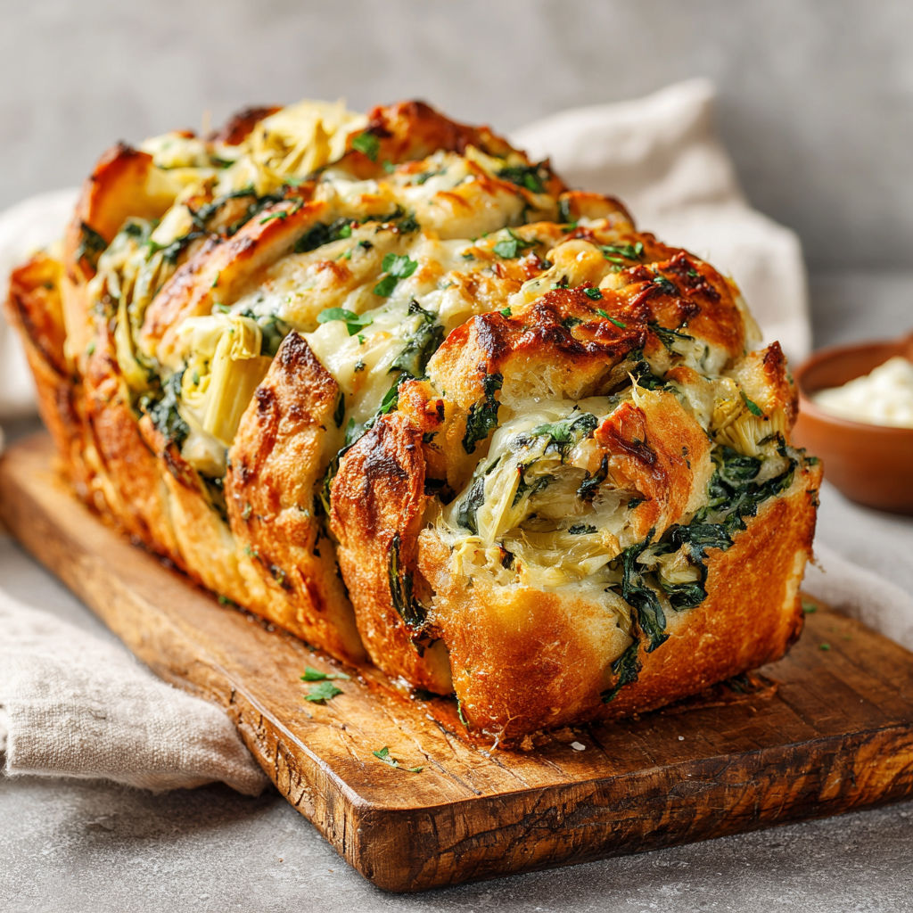 A loaf of vegan spinach and artichoke bread.