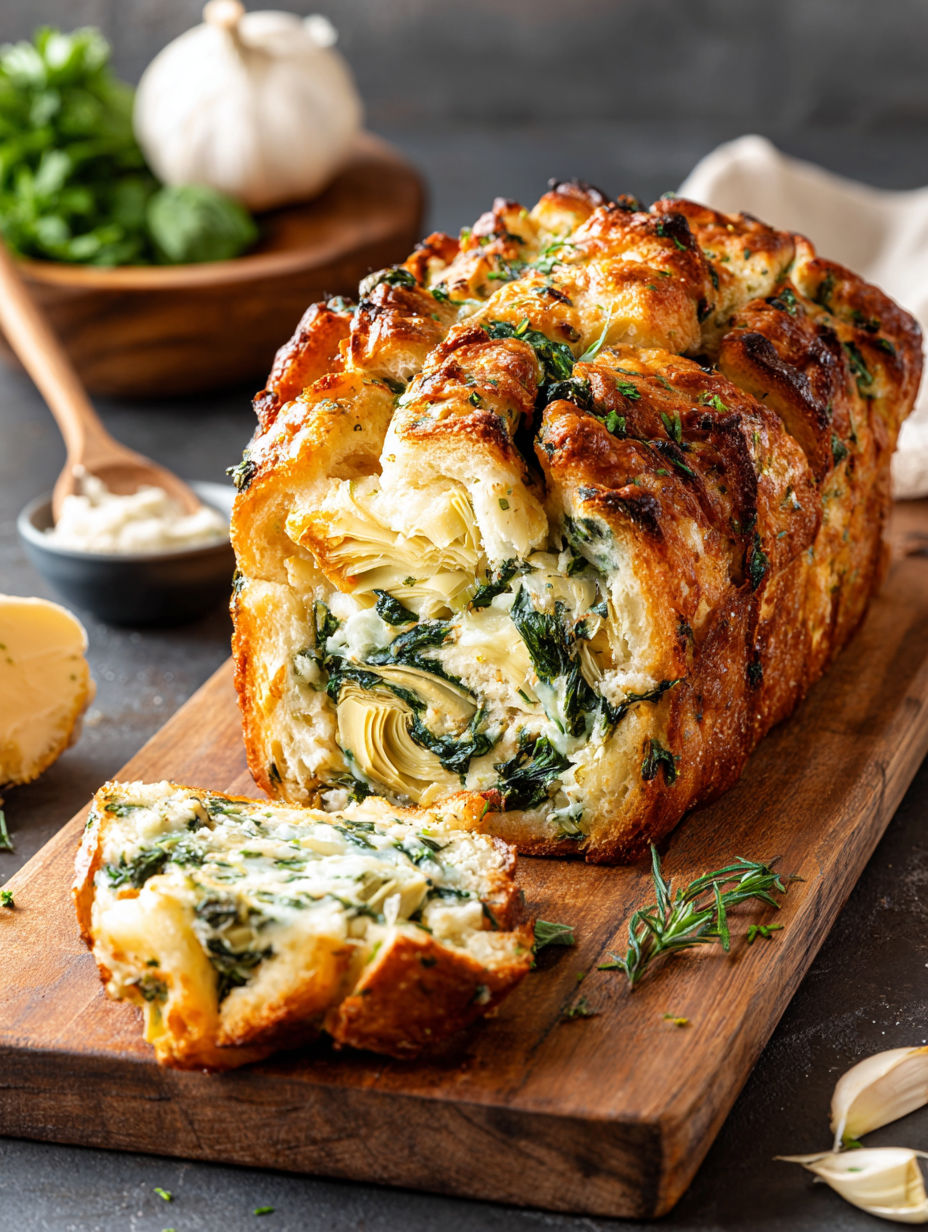 A slice of vegan spinach and artichoke pull-apart bread.