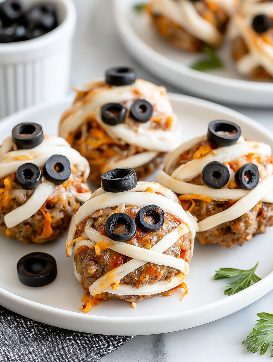 A plate of meatballs with black olives and cheese on top.