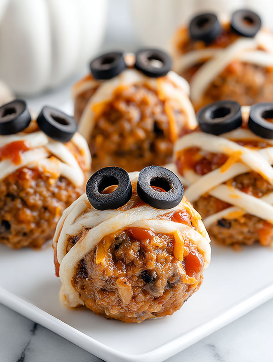Halloween mummy meatballs with black olives.