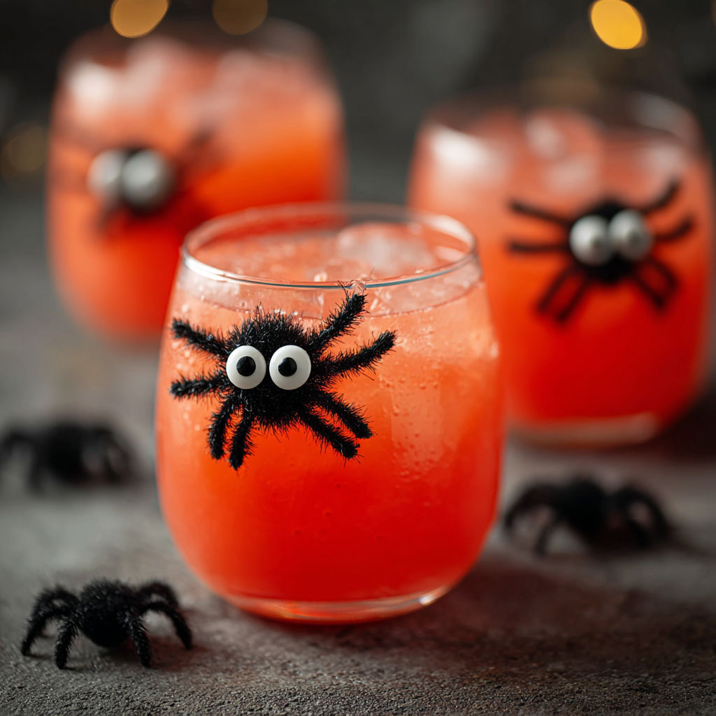 A glass of red liquid with a spider in it.
