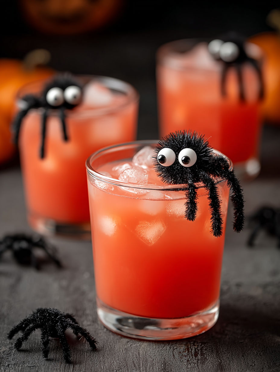 A glass of Spooky Spider Punch with a black spider on top.