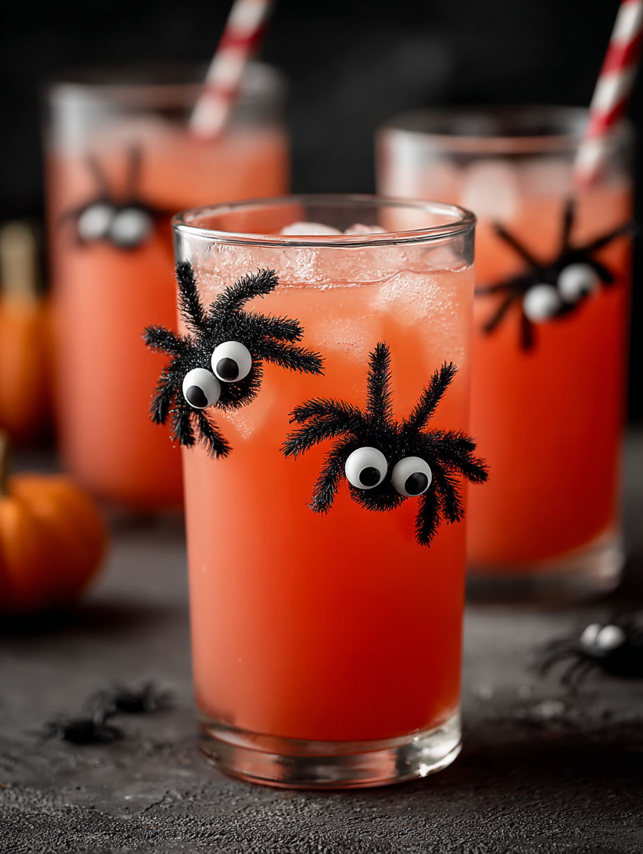 A glass of pink drink with a spider on it.