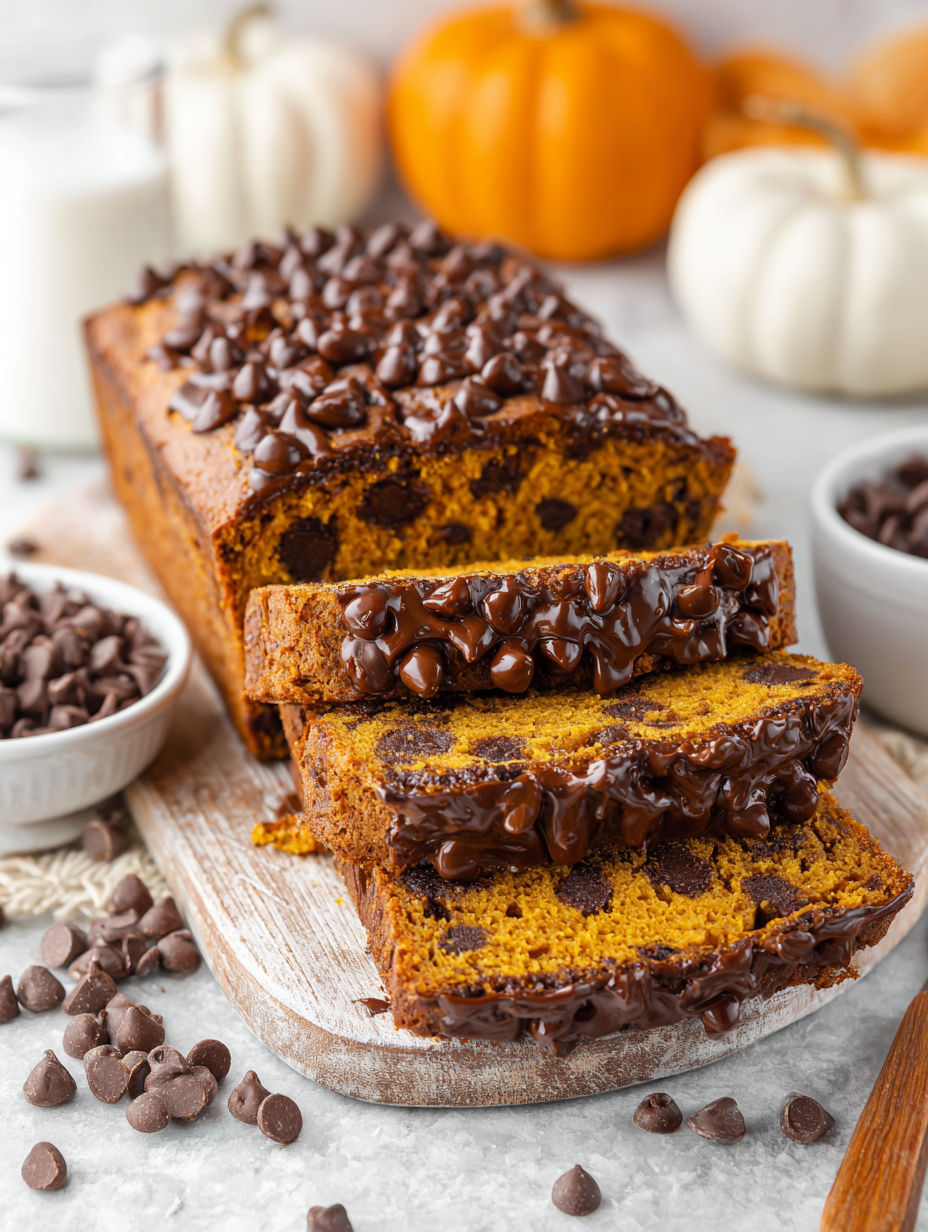 A slice of chocolate chip pumpkin bread with brown butter.