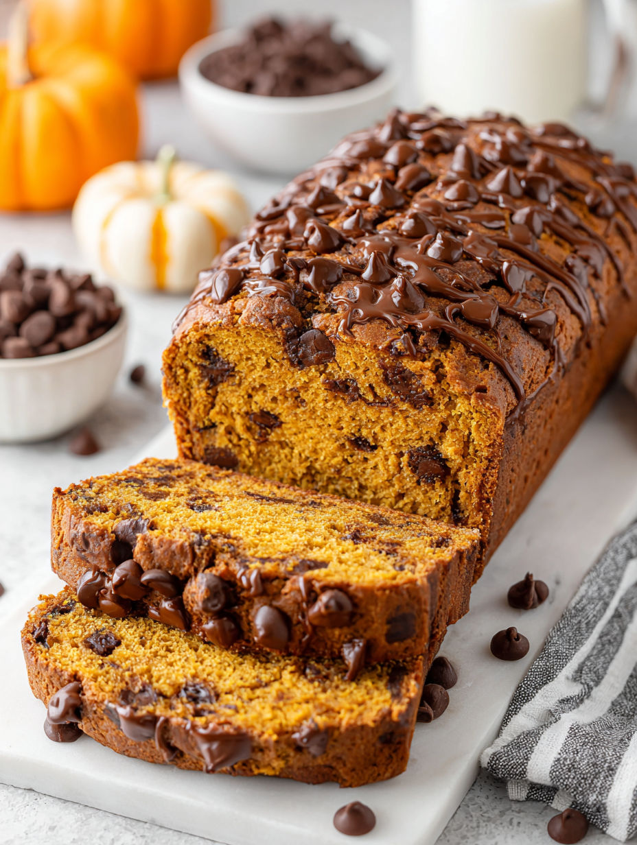 A slice of chocolate chip pumpkin bread with brown butter.
