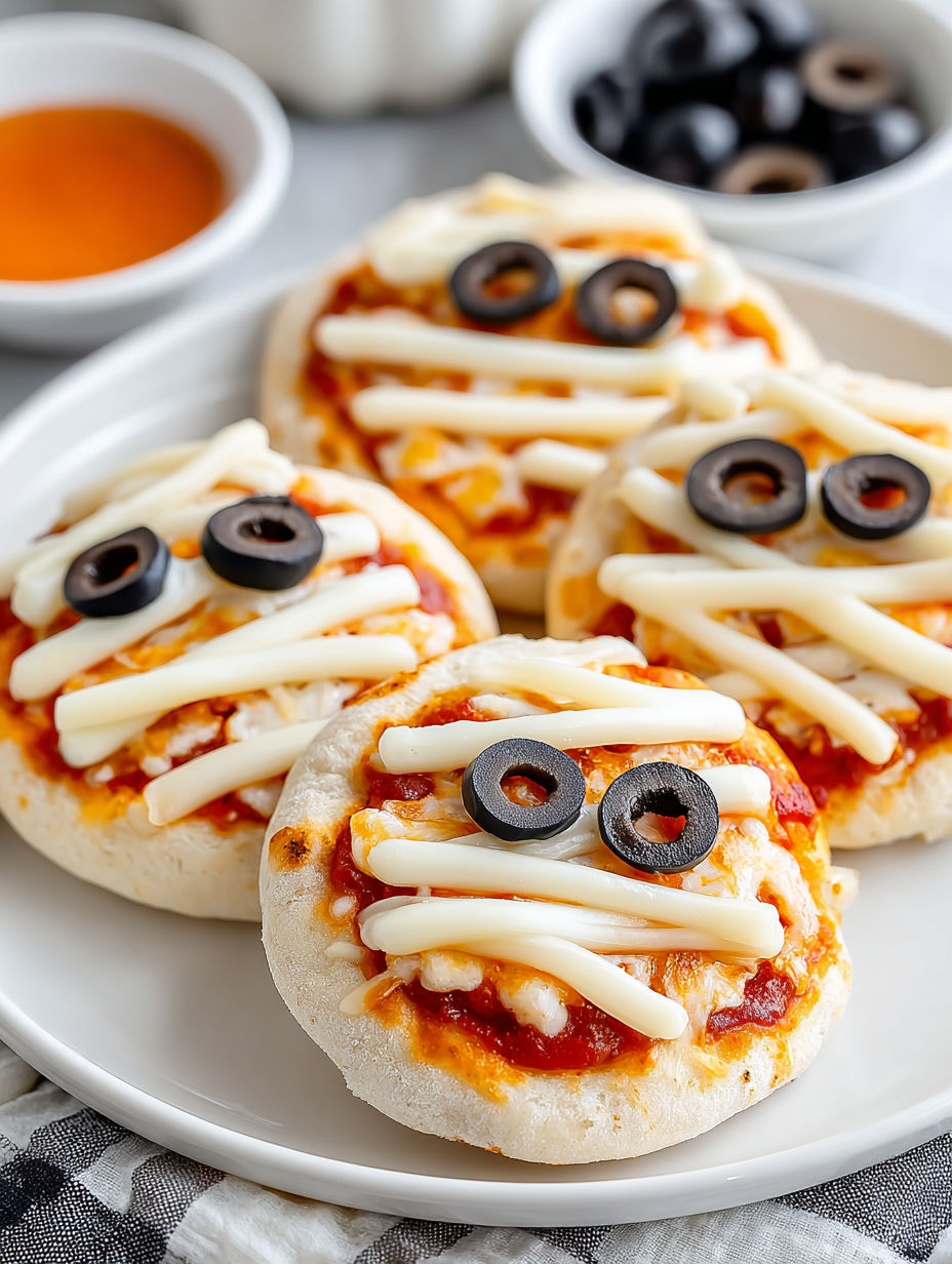 Mini pizzas with olives and cheese.