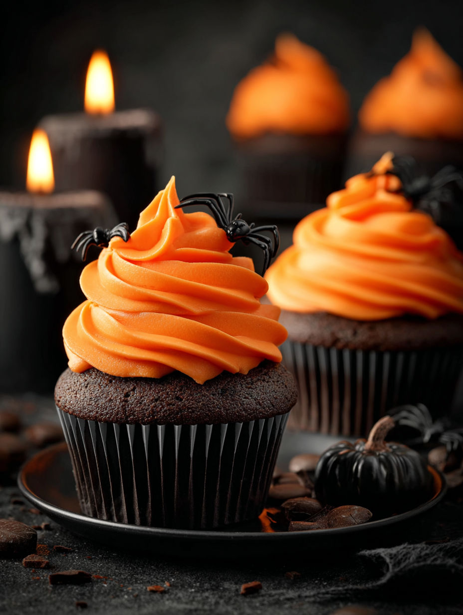 Two Halloween chocolate cupcakes with orange buttercream.