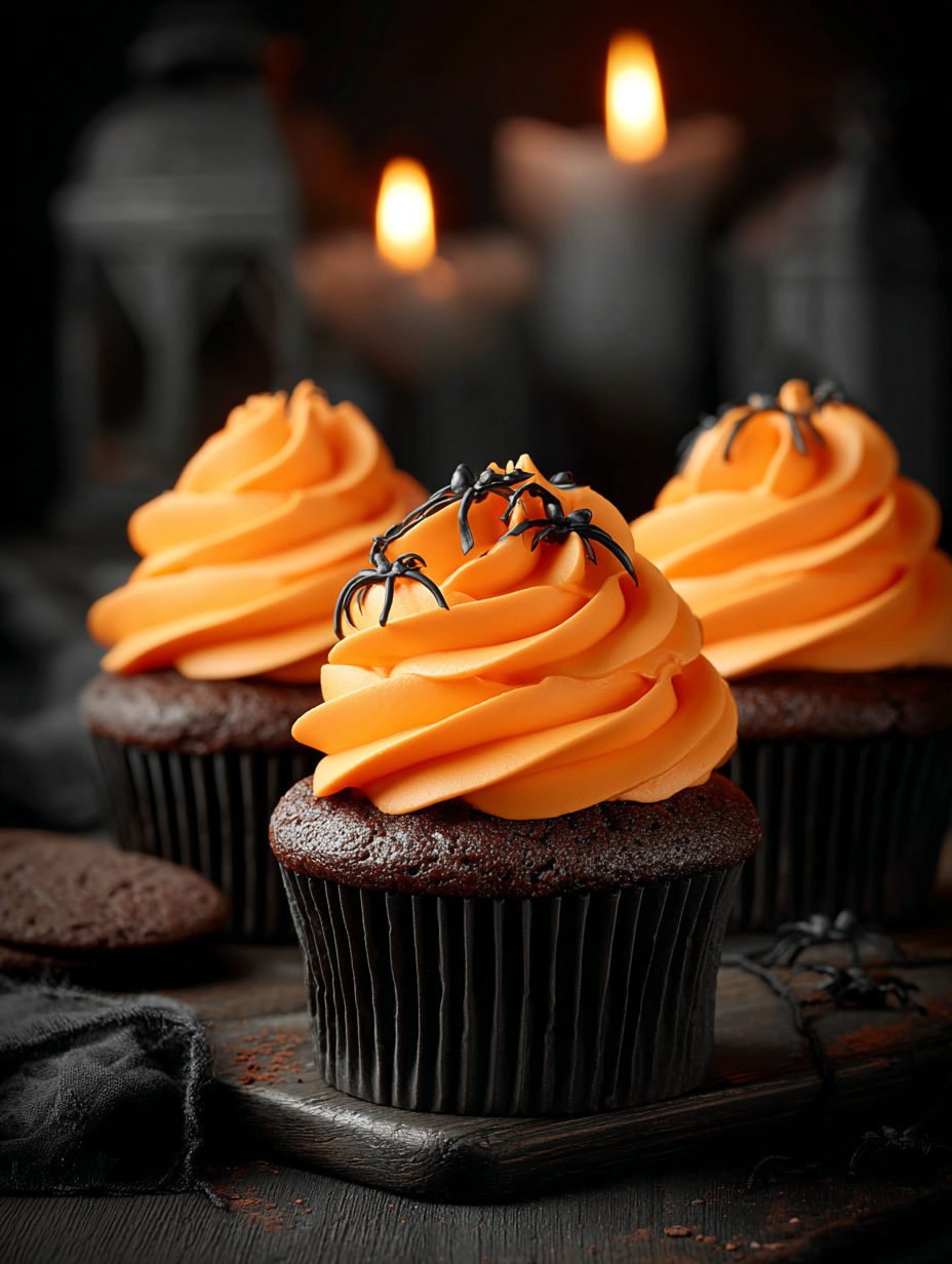 Two Halloween chocolate cupcakes with orange buttercream.