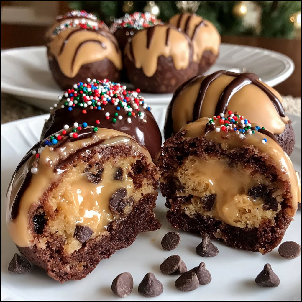 Three chocolate chip cookie dough brownie bombs.