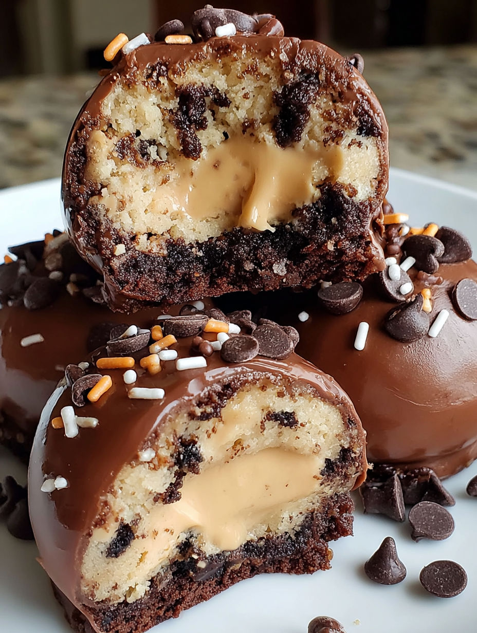 A chocolate covered cookie with peanut butter inside.