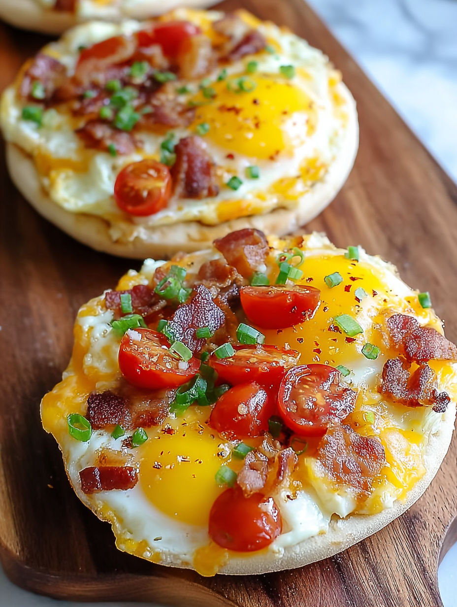 A breakfast pizza with tomatoes and bacon.