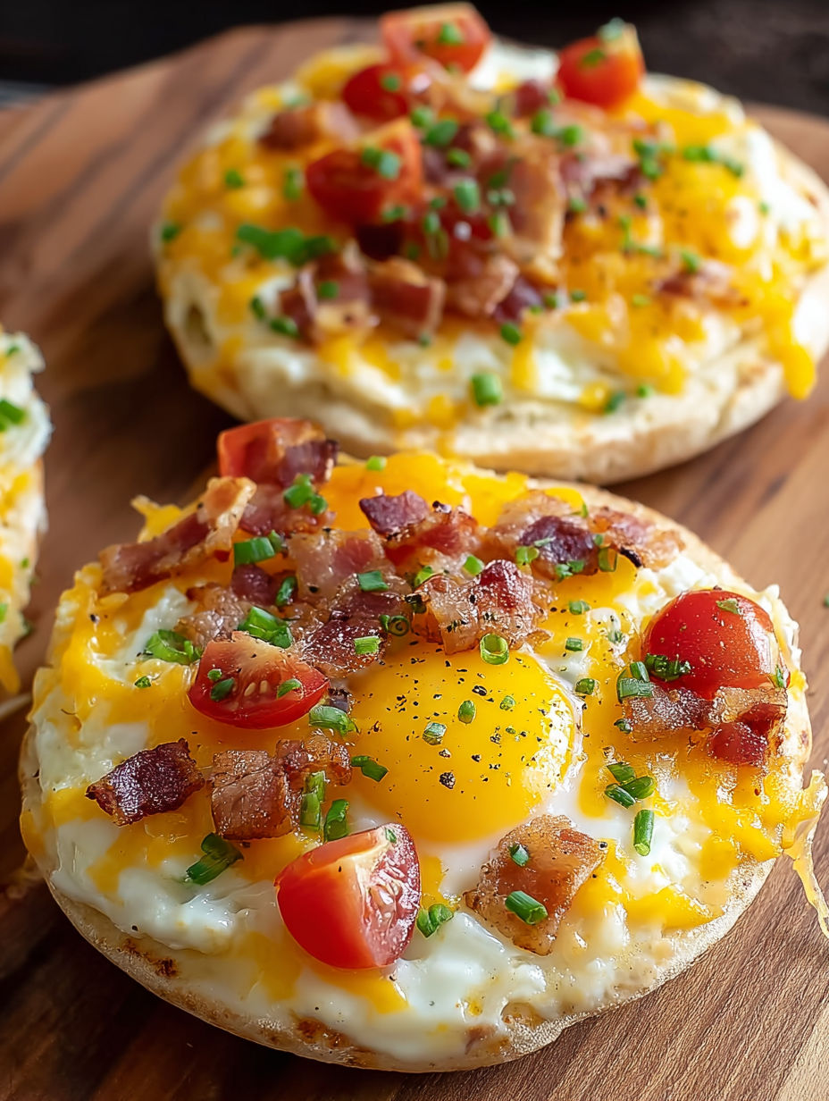 A breakfast pizza with bacon and tomatoes.