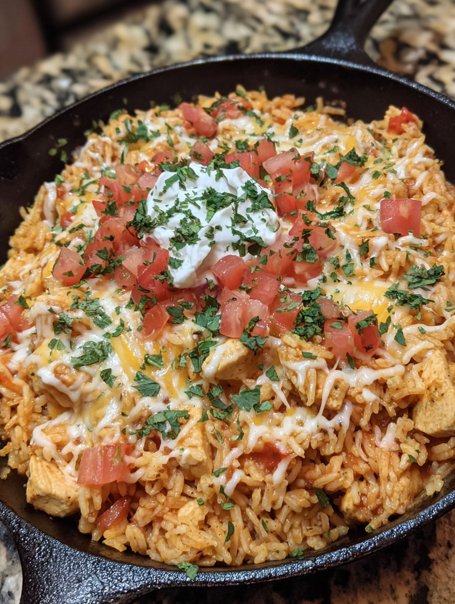 A delicious cheesy chicken taco rice dish.