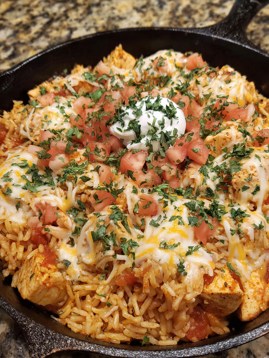 A delicious cheesy chicken taco rice dish.