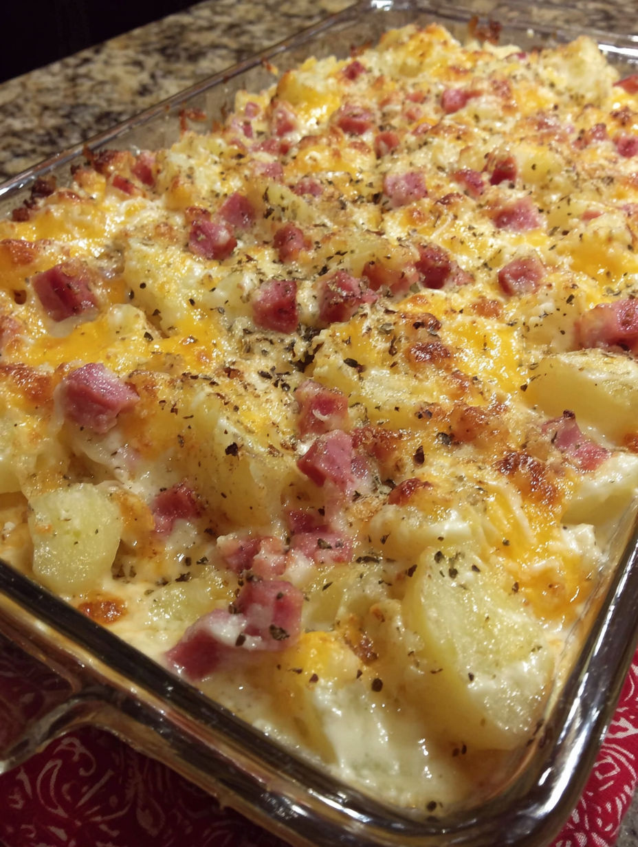 A cheesy ham potato casserole.