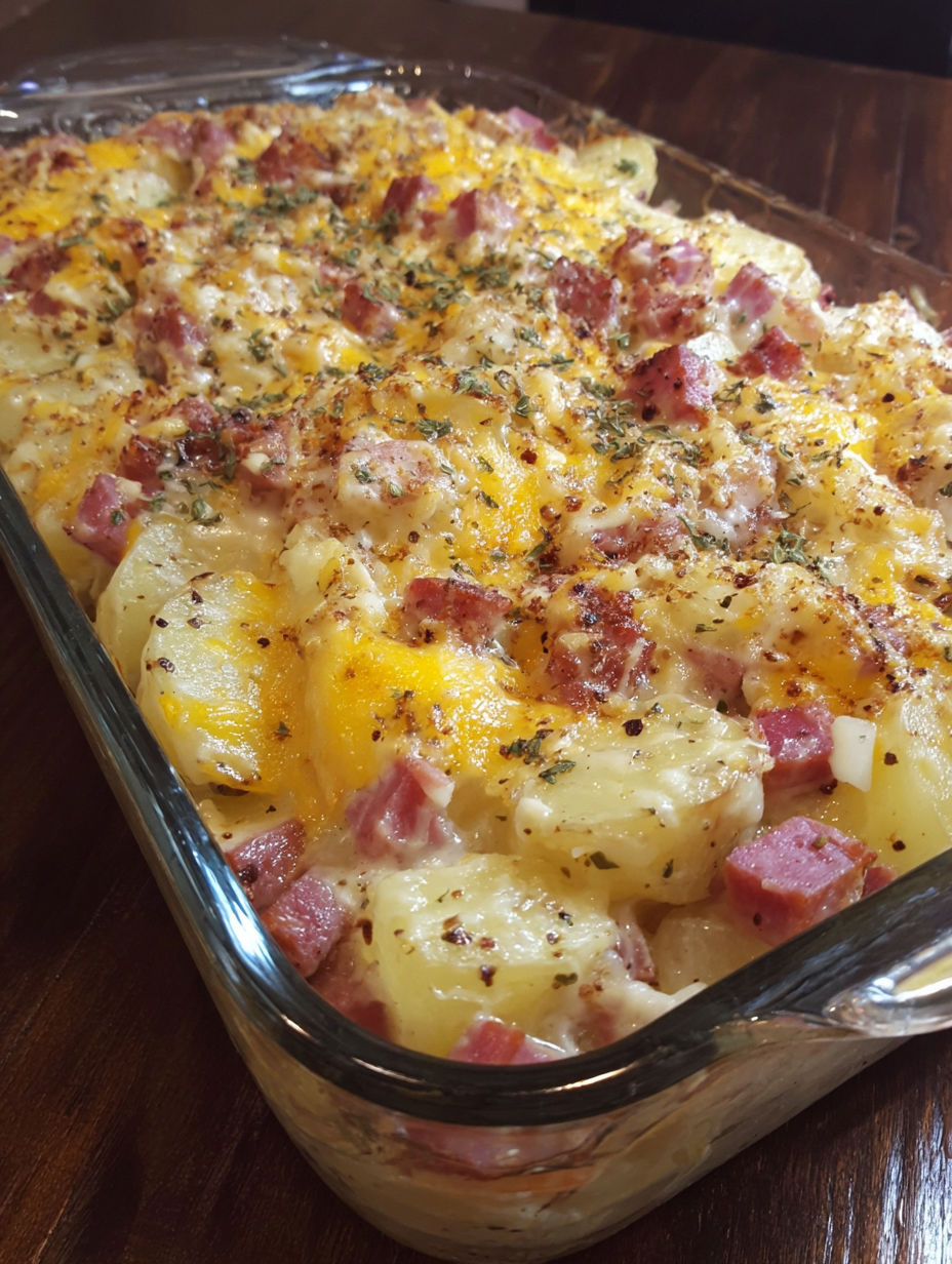 A cheesy ham potato casserole in a glass pan.