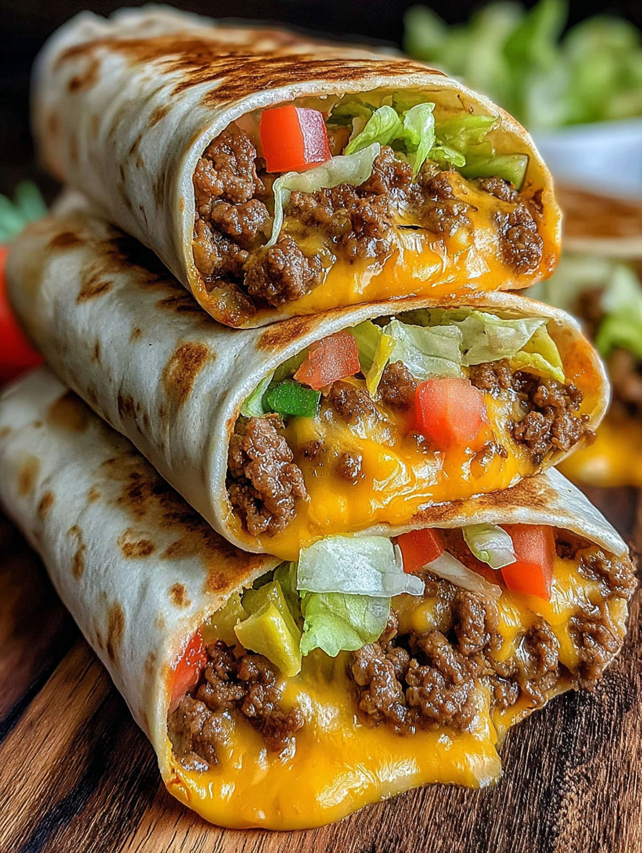 Three cheeseburger wraps on a wooden table.