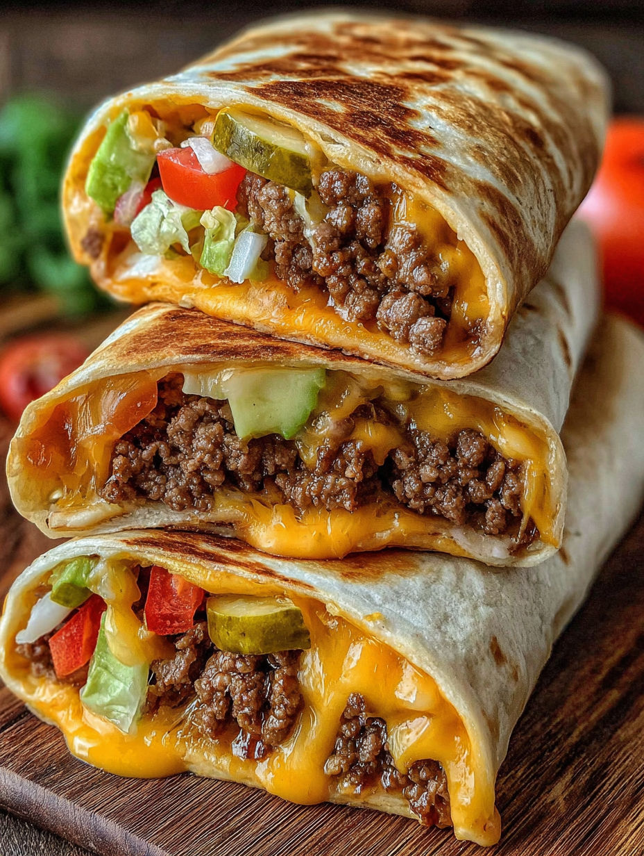 Three cheeseburger wraps on a wooden table.