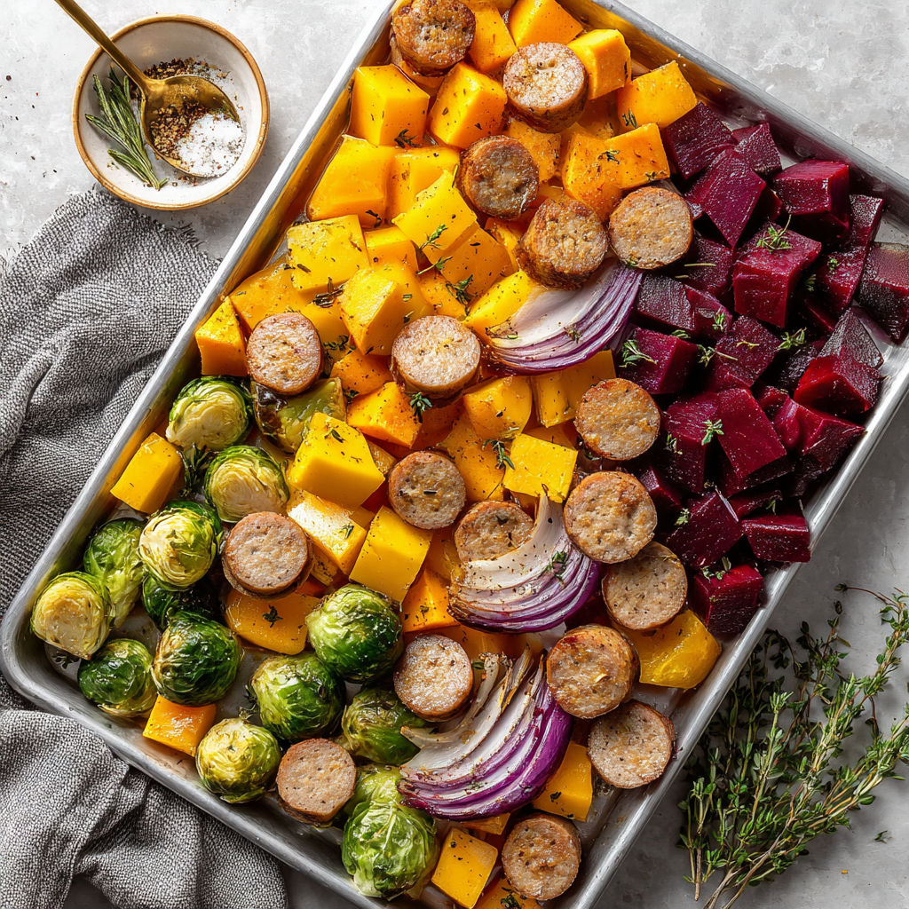 A pan of roasted vegetables and fruits.