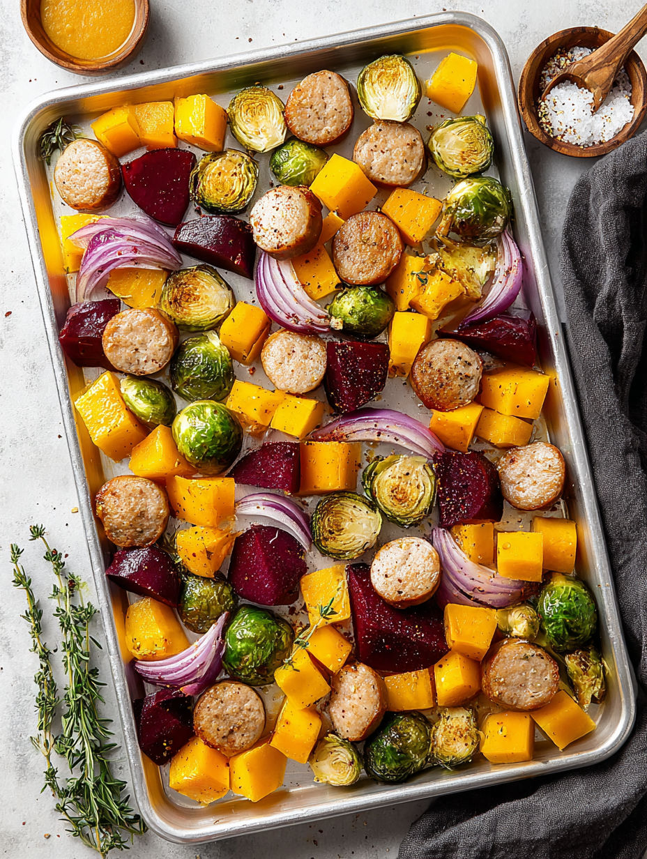 A tray of food with a variety of vegetables and sausage.