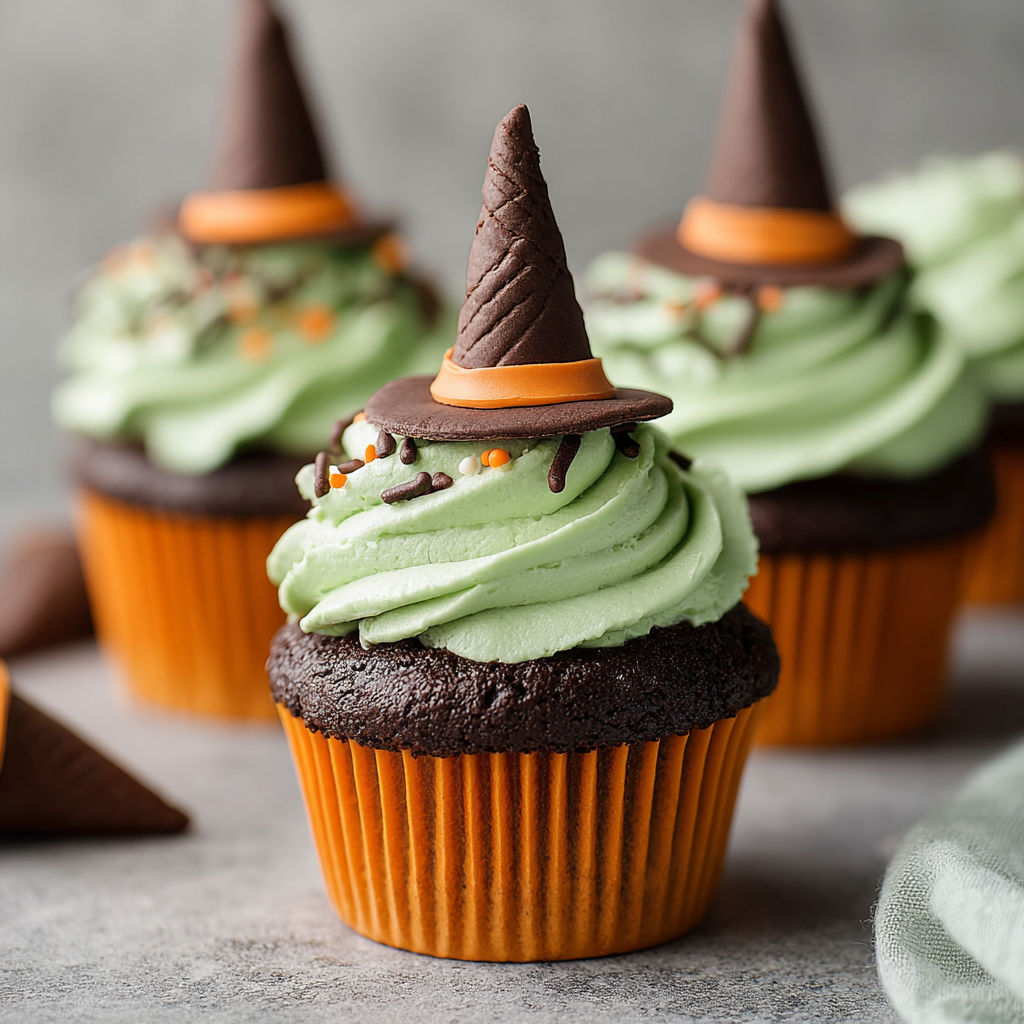 Cupcakes with wicked witch hats on top.