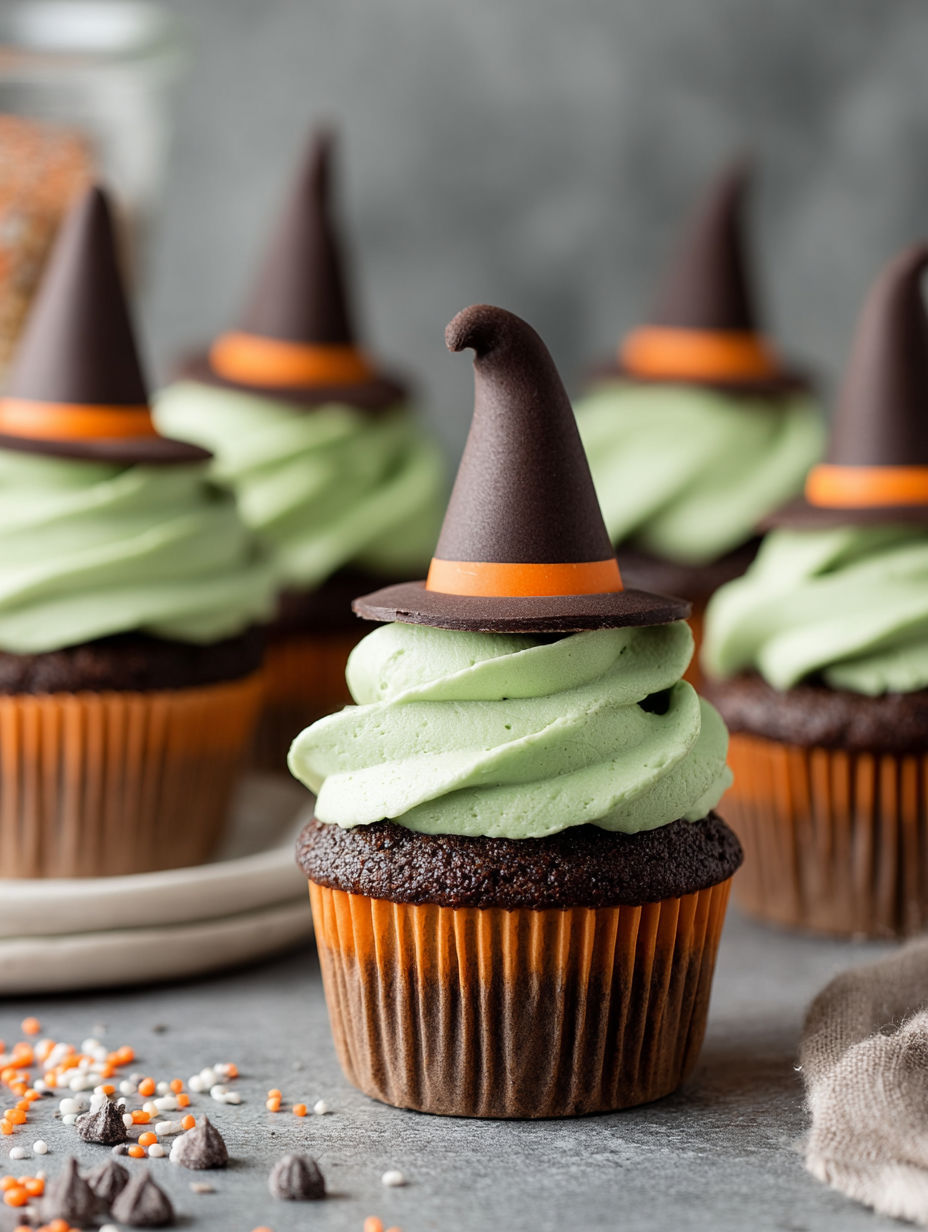 A cupcake with a wicked witch hat on top.