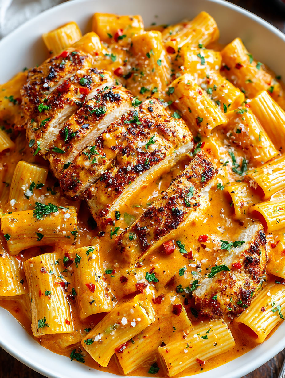 A plate of pasta with chicken and sauce.