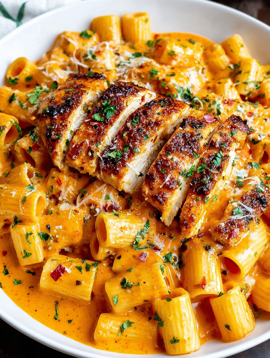 A plate of pasta with chicken and cheese on top.