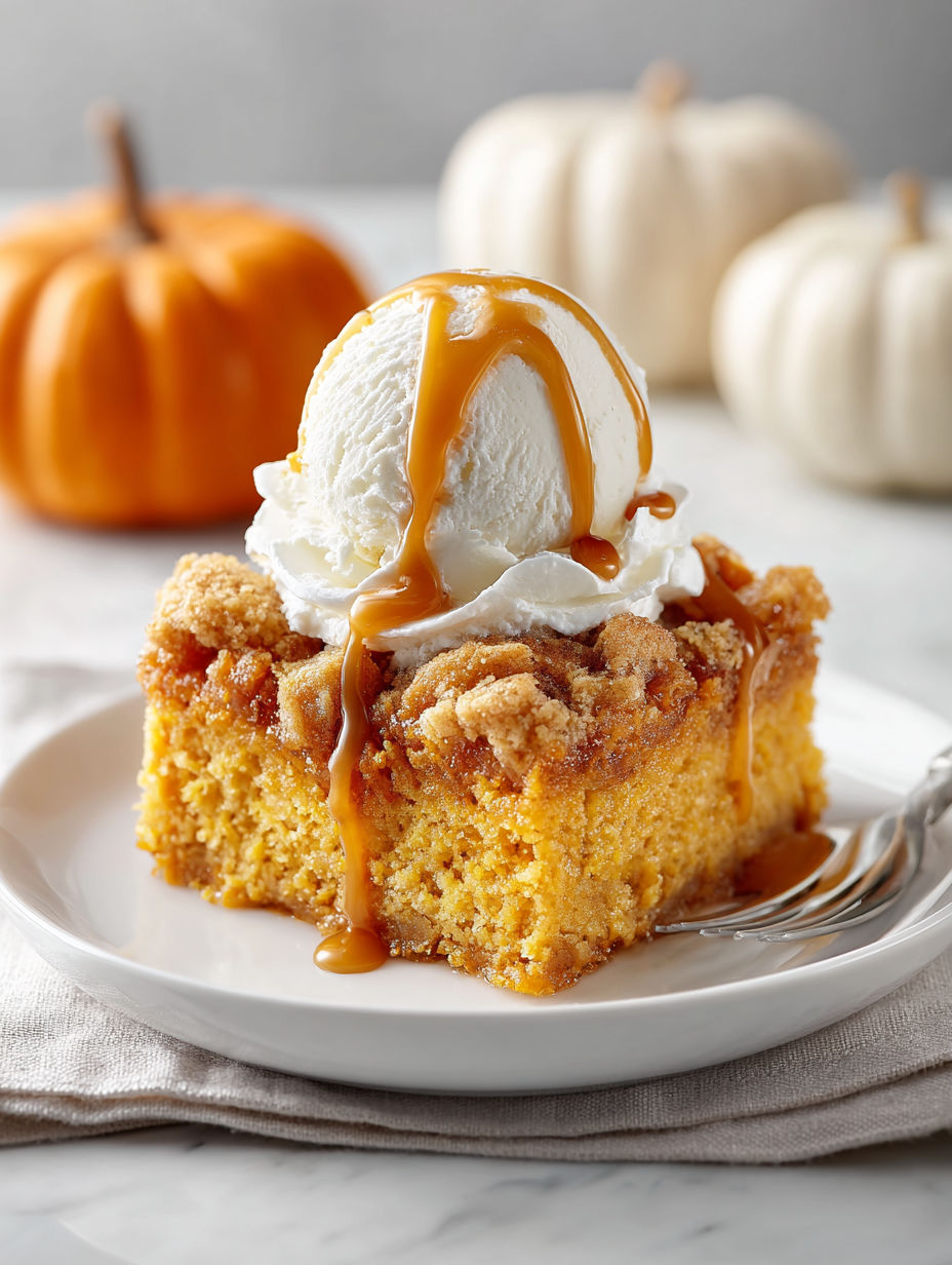 A slice of pumpkin dump cake with a scoop of ice cream on top.