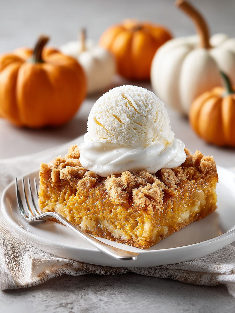 A slice of pumpkin dump cake with a scoop of ice cream on top.