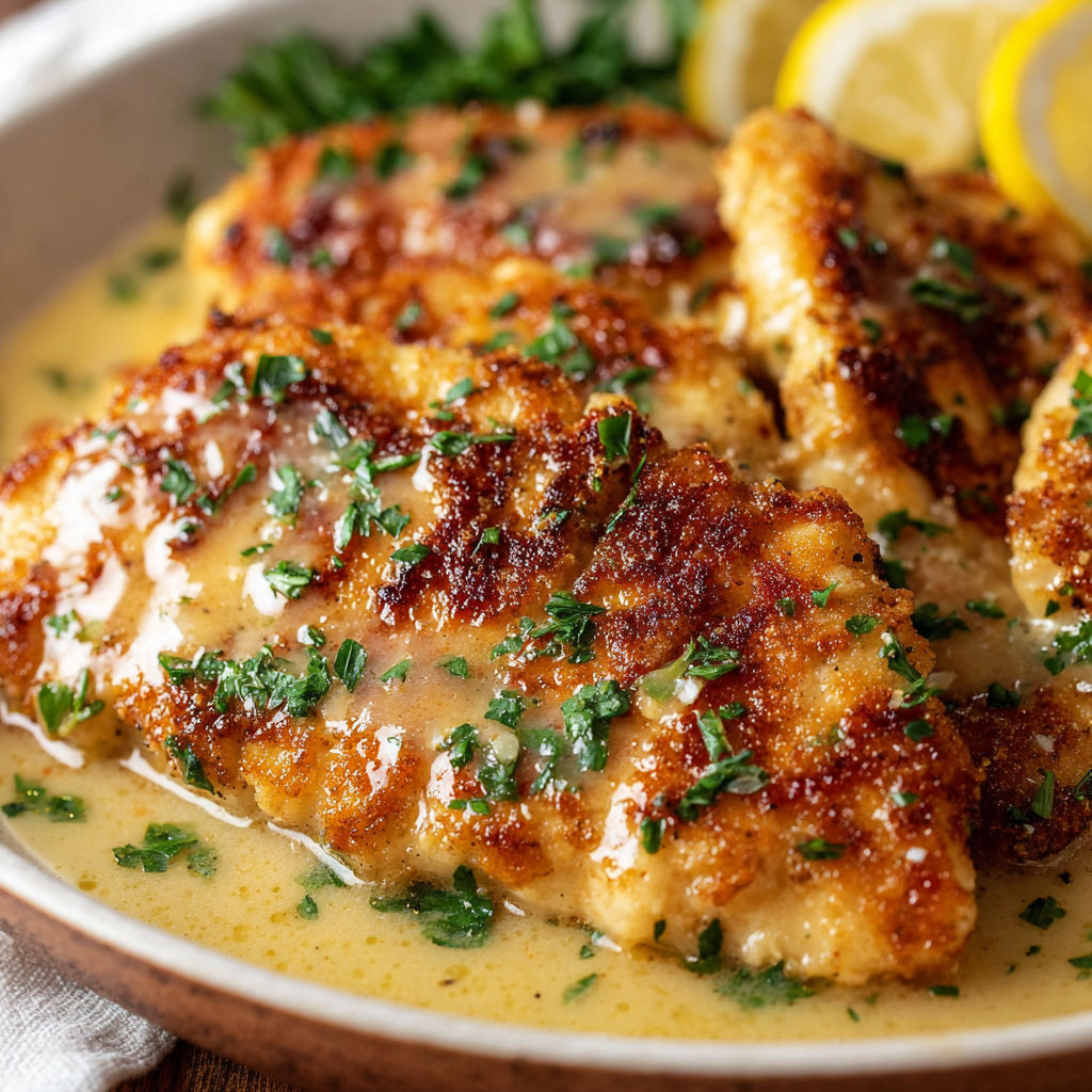 A plate of chicken scallopini with a side of lemon.