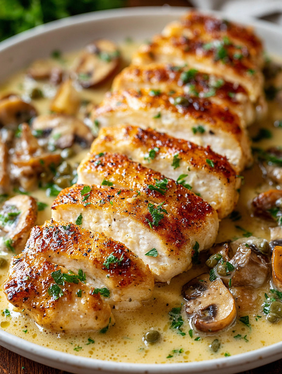 A plate of chicken scallopini with mushrooms and herbs.