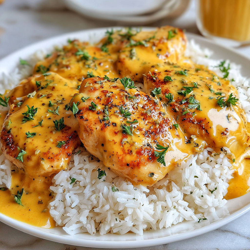 A plate of rice with chicken covered in a creamy sauce.