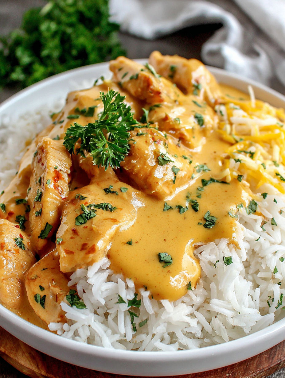 A bowl of rice with chicken and sauce.