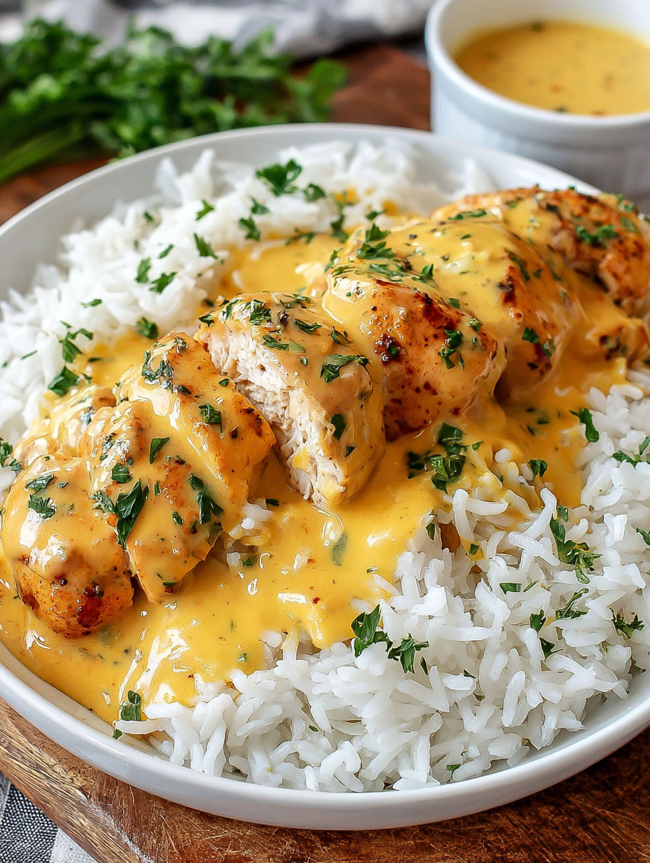 A plate of rice with chicken and sauce.